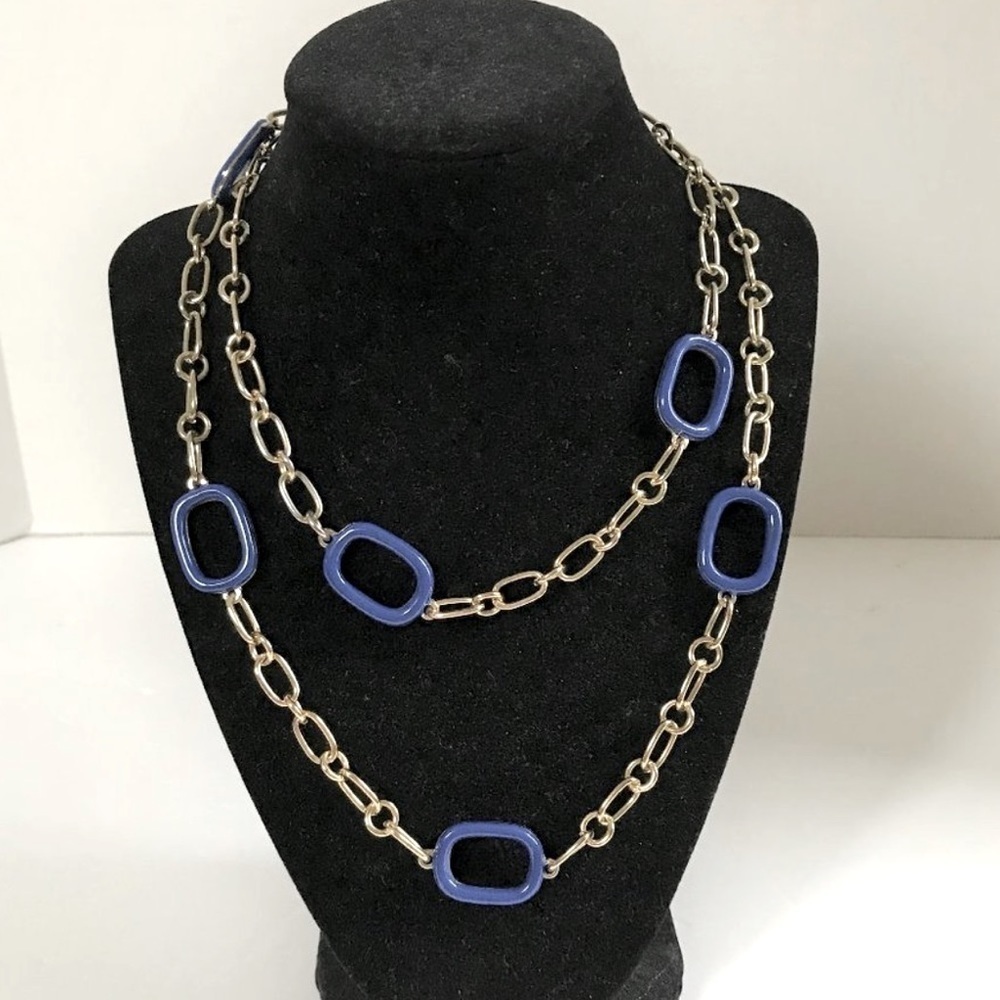 Mythologie chain link necklace, 18”, silver tone metal and navy blue enamel